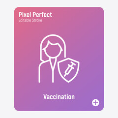 Coronavirus vaccination. Virus protection: woman is protected by shield with vaccine. Immune system. Thin line icon. Pixel perfect, editable stroke. Vector illustration.