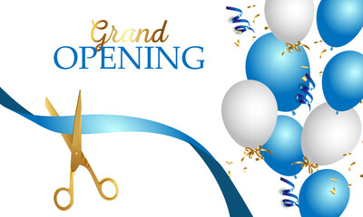 Grand opening design with ribbon, balloons and gold scissors, confetti. Vector illustration - obrazy, fototapety, plakaty