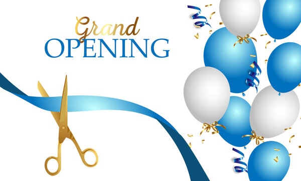 Grand opening design with ribbon, balloons and gold scissors, confetti. Vector illustration