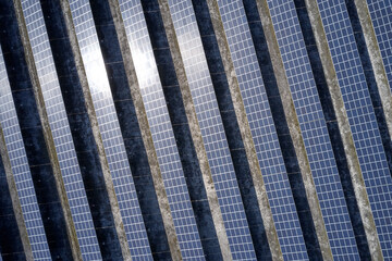 Top view of blue solar panels background.