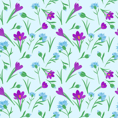 Fototapeta na wymiar Seamless pattern with spring flowers. Phlox and cornflower flowers are scattered randomly. Continuous background for textile, packaging design vector illustration