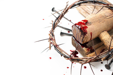 Christian crown of thorns, drops of blood, nails on white background. Good Friday, Passion of Jesus Christ. Easter holiday. Copy space. Crucifixion, resurrection of Jesus Christ. Gospel, salvation