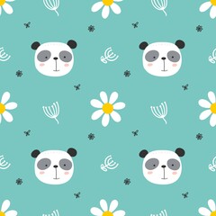 Funny endless hand drawn background with cute panda, flowers and butterfly. Cool vector illustration for kids, babies, fashion, texture, ornament.