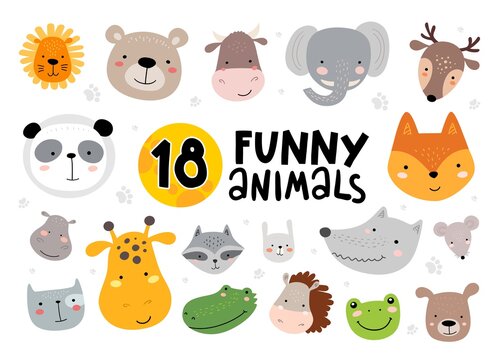 18 cute hand drawn animal faces. Vector illustration for kids fashion, birthday, post cards an others