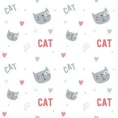 Funny endless hand drawn background with cute cats, text and hearts. Cool vector illustration for kids, babies, fashion, texture, ornament.
