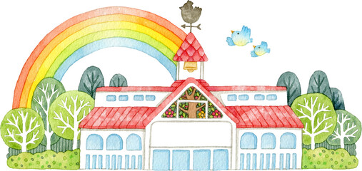 風見鶏とステンドグラスのある建物と虹(コピースペース)