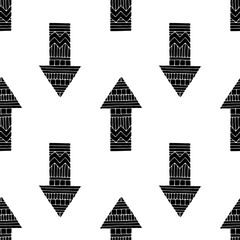 Seamless pattern with up and down arrows in ethnic style. Black and white vector design.
