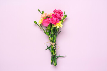 bouquet of pink carnation flower isolated on pink background Top view Flat lay Holiday card 8 March, Happy Valentine's day, Mother's, Memorial, Teacher's day concept Copy space
