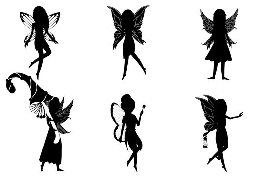 Set of silhouettes of flying fairies in different posses for kids on white background