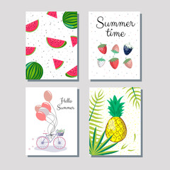 Summer cards, stickers. Set. Summer time. Watermelon background, pineapple in palm leaves, strawberry, bike with balloons