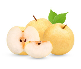 Fresh pears with leaves isolated on white background