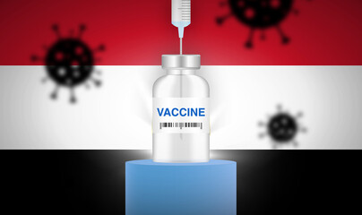 Vaccine vial with a needle in, on a podium with virus particles in the background. Vector illustration. Egyptian flag.