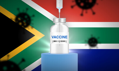 Vaccine vial with a needle in, on a podium with virus particles in the background. Vector illustration. South African flag.