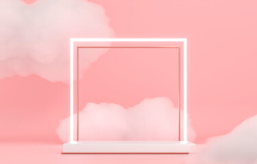 Neon circle frame and Delicate fluffy clouds, white soapy foam. White pedestal, base. 3d render illustration. Space for brand promotion product. Creative pink background for advertising presentation. 