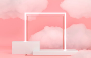 Neon circle frame and Delicate fluffy clouds, white soapy foam. White pedestal, base. 3d render illustration. Space for brand promotion product. Creative pink background for advertising presentation. 