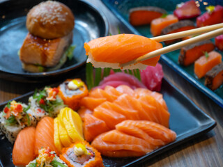 International Buffet - Salmon Sashimi served with wasabi and lemon