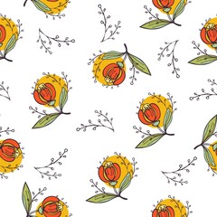 Seamless floral vector pattern with branches. Red blooming buds and green leaves on orange spots. Delicate and cheerful pattern for textiles, dresses, clothes, wrapping paper.
