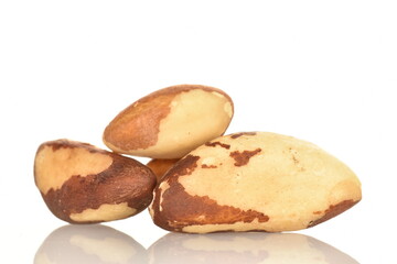 Naklejka na ściany i meble Several ripe organic Brazil nuts, close-up, isolated on white.