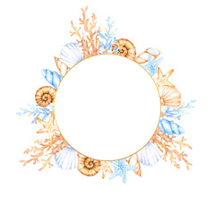 Round frame with watercolor marine elements of seashells, corals and starfishes in blue and beige colors. Great for cards, posters, coupons, baby products, decorative paper, and any design.