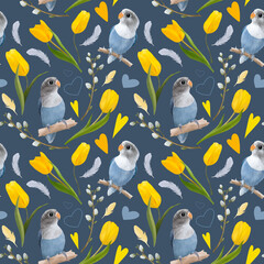 Spring tulips and parrots illustration, colorful seamless pattern, for design, card, print or background