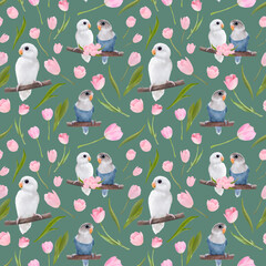 Spring tulips and parrots illustration, colorful seamless pattern, for design, card, print or background