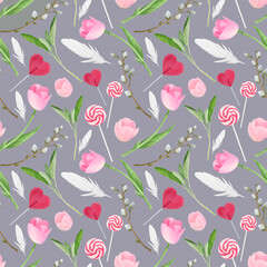 Spring tulips illustration, colorful seamless pattern, for design, card, print or background