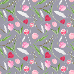Spring tulips illustration, colorful seamless pattern, for design, card, print or background