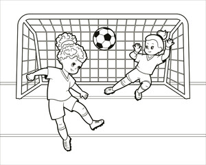 Coloring book: Teenage girls play soccer with their heads hitting a soccer ball into the goal. Vector illustration in cartoon style, isolated black and white line art.