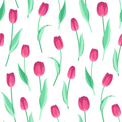 Vector seamless pattern with pink tulips on a white background. Spring floral design for fabric, textile, wallpaper.