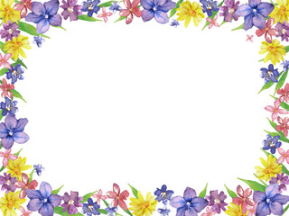 Floral vector frame or border. Watercolor painted flowers and leaves on white background. Natural spring design for holiday, greeting, and invitation cards.