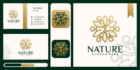 Set creative nature, beauty, flower leaf logo template in gold color with business card look