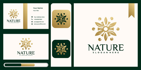 Set creative nature, beauty, flower leaf logo template in gold color with business card look