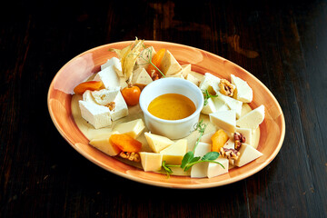 Assorted homemade Ukrainian cheeses: Bryndza, goat cheese, hard cheese served on a plate with honey. Dark background. Traditional Slavic appetizer