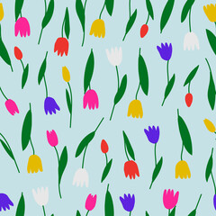 Spring flowers. Colorful tulips seamless pattern. Decoration for wrapping paper, greeting card, invitation, Valentine's, Women's or Mother day