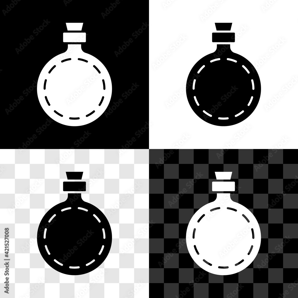 Poster set canteen water bottle icon isolated on black and white, transparent background. tourist flask ico