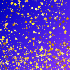 Star Sequin Confetti on Neon Purple Background. Voucher Gift Card Template. Vector Gold Glitter. Falling Particles on Floor. Isolated Flat Birthday Card. Golden Stars Banner. Christmas Party Frame.