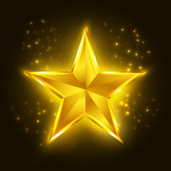 Glowing  rated golden star isolated on black background. Vip and luxury design element for awards, cards, banners, casino, poker, holidays. Vector illustration.