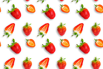 Fresh ripe strawberries seamless pattern. Strawberries and strawberry slices isolated on white background. Top view. Banner.