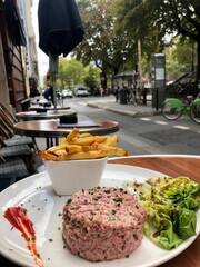 Fresh steak tartare with salad and French fries