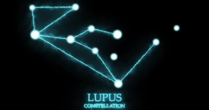Lupus constellation. Light rays, laser light shining blue color. Stars in the night sky. Cluster of stars and galaxies. Horizontal composition, 4k video quality