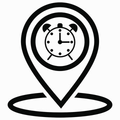 Location alarm clock icon. Travel time. Point of GPS. Location clock icon. Route reminder. Vector icon.