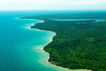 Aerial view of the coast of Beaver Island, Michigan, an island located in Lake Michigan. - obrazy, fototapety, plakaty