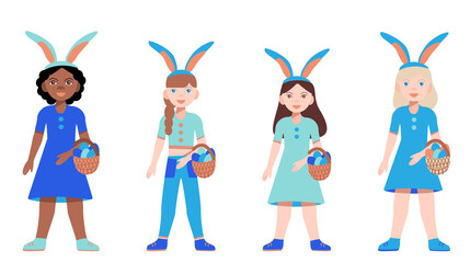 Set of cute little girls with rabbit ears and Easter egg baskets. Vector illustration for Easter in cartoon flat style. Happy girls of different nationalities. African-American, blonde, brunette