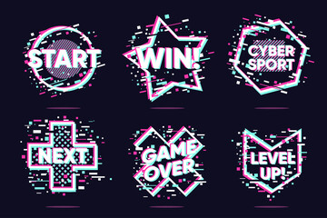 Video game vector icons. Glitch style lable set. Cyberpunk vector elements. Hologram UI