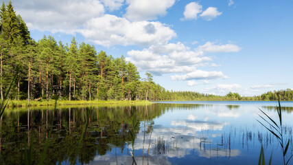 Fototapeta na wymiar Beautiful summer landscape. Clouds in the blue sky. Reflection of clouds on water surface. Finland. Pure nature, ecology, environmental conservation, travel destinations.
