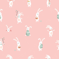Cute hand drawn Easter seamless pattern with Bunnies and Easter decoration, Egg hunt, cute poses, great for textiles, banners, wallpapers, prints - vector design