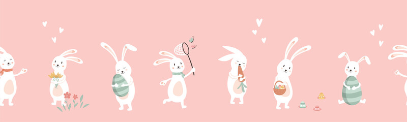 Obraz na płótnie Canvas Cute hand drawn Easter seamless pattern with Bunnies and Easter decoration, Egg hunt, cute poses, great for textiles, banners, wallpapers, prints - vector design