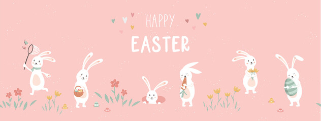 Cute hand drawn Easter seamless pattern with Bunnies and Easter decoration, Egg hunt, cute poses, great for textiles, banners, wallpapers, prints - vector design