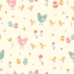 Lovely hand drawn Easter seamless pattern, cute Easter decorations, flowers and eggs, great for textiles, banners, wallpapers, wrapping - vector design