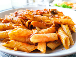 Tasty pasta, Italian tomato sauce pasta on the table